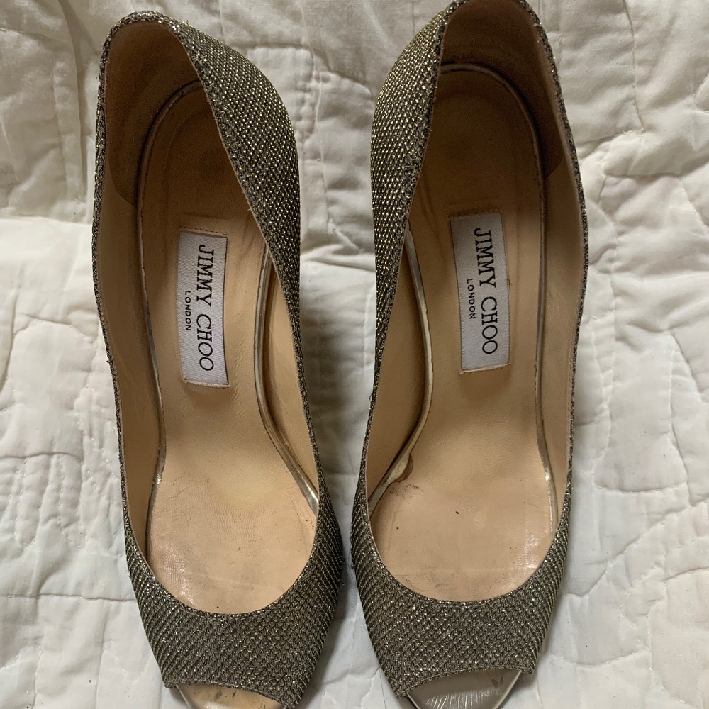 Authentic Jimmy Choo Gold Glitter Baxen Peep Toe Wedge Pumps 8.5